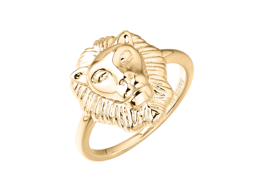 Artemis lion head ring, sterling silver, yellow gold plated