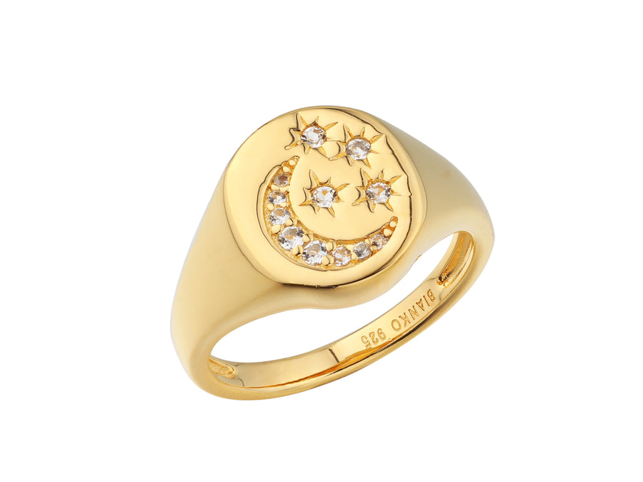 Selene stars and moon signet ring, sterling silver, yellow gold plated