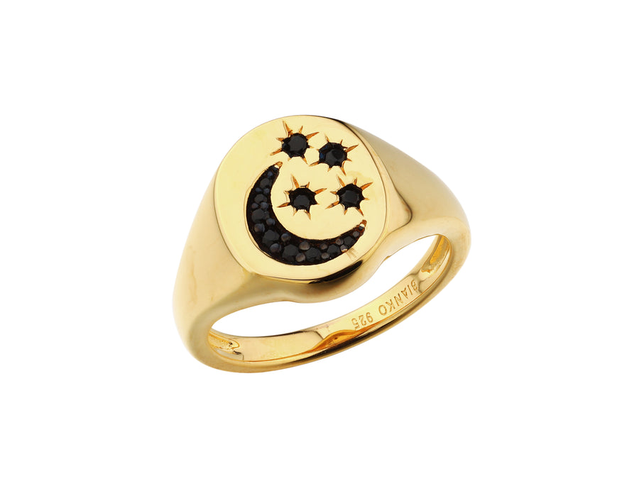 Selene stars and moon signet ring, sterling silver, black spinel, yellow gold plated